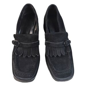 Room black crepe leather loafers fringe Y2K 90s chunky soles Sz 8 Made In Italy